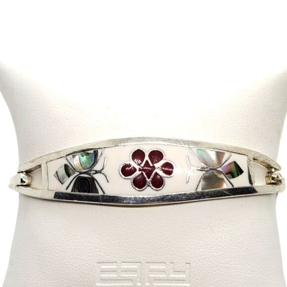 Taxco Mexico Silver, White, Red, & Abalone Bracelet - Picture 1 of 5